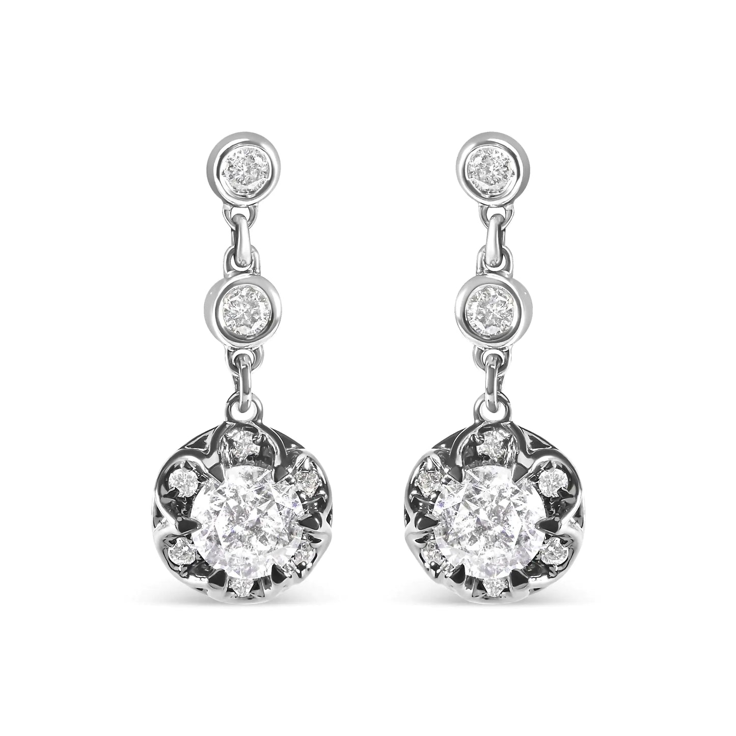 14k White Gold 5/8 Cttw Diamond Halo Drop Earrings with I-J Color and I1-I2 Clarity.