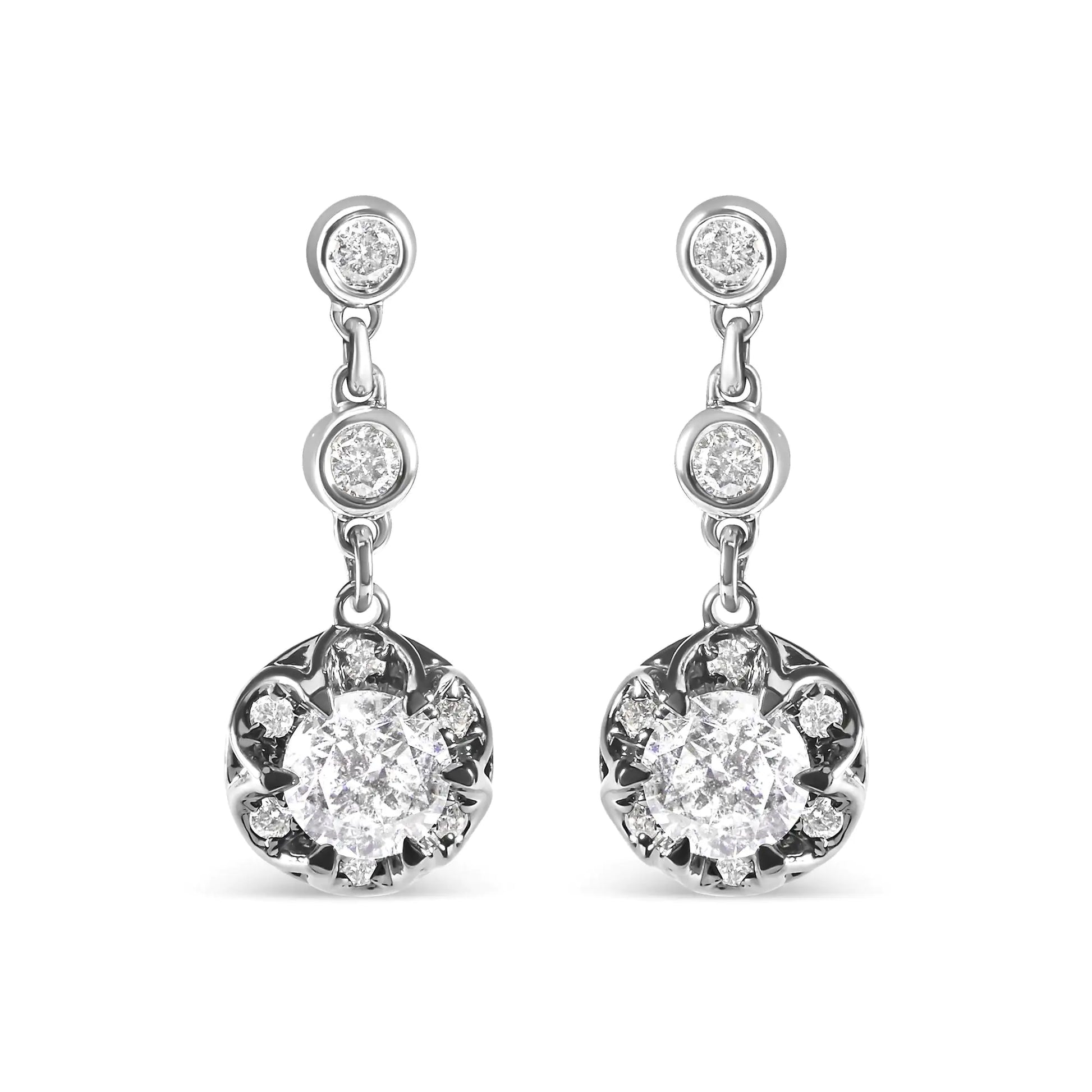 14k White Gold 5/8 Cttw Diamond Halo Drop Earrings with I-J Color and I1-I2 Clarity.