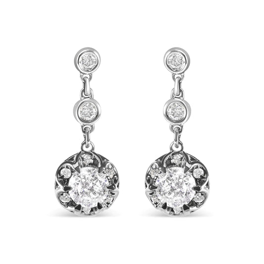 14k White Gold 5/8 Cttw Diamond Halo Drop Earrings with I-J Color and I1-I2 Clarity.