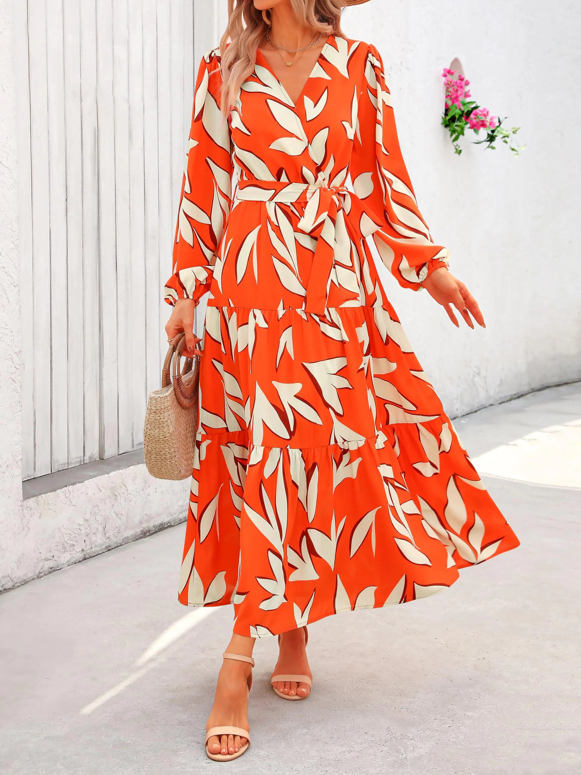 Womens Fall Long Sleeve Wrap V Neck Ruffle Floral Maxi Dress Casual Tie Waist Boho Chiffon Flowy Long Dresses