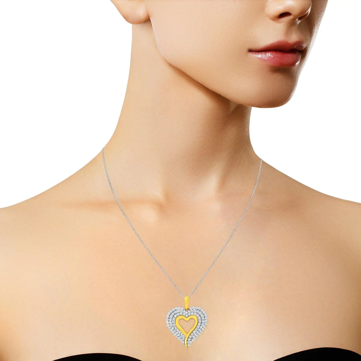 10K Yellow and White Gold Plated Sterling Silver 1 cttw Lab Grown DiamThis beautiful heart pendant necklace is created in the finest 10k yellow and white gold plated sterling silver, and boasts an impressive 1 ct tdw. The sparkling, roWhite Gold Plated Sterling Silver 1 cttw Lab Grown Diamond Heart Pendant Necklace NecklacesWhite Gold Plated Sterling Silver 1 cttw Lab Grown Diamond Heart Pendant Necklace 