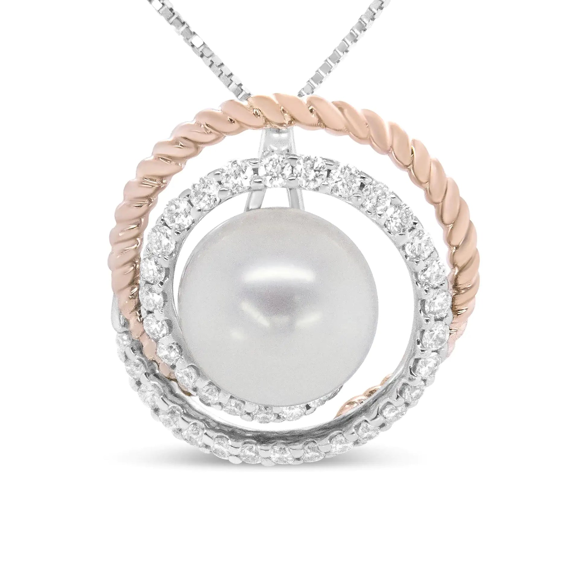 14K rose and white gold pendant necklace with diamond pavé and 9mm freshwater pearl.