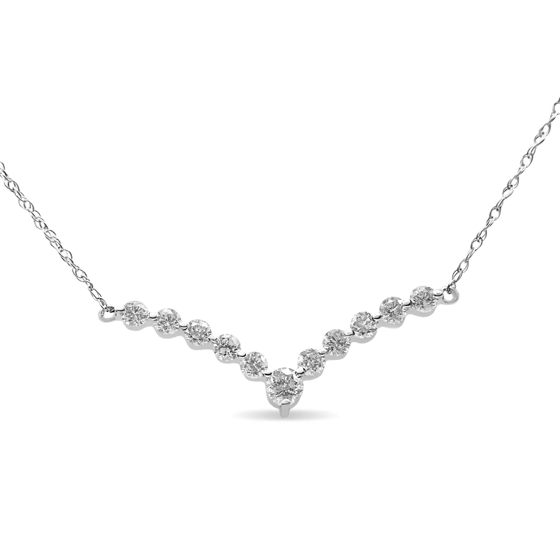 10K white gold V-shaped necklace with 1/2 Cttw round-cut diamonds on 18" rolo chain.