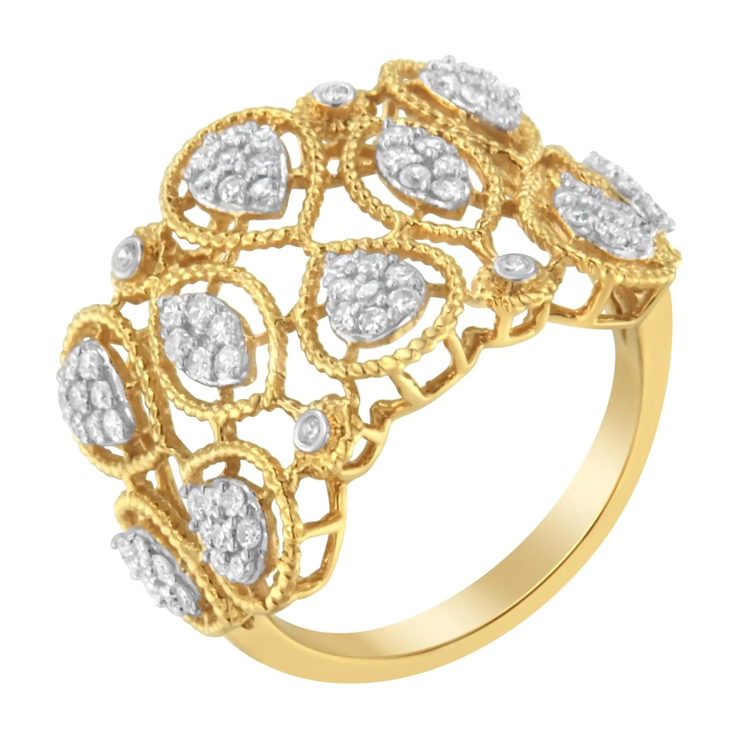 14K Yellow Gold Diamond Art Deco Ring (1/2 Cttw, H-I Color, I1 ClarityThis 14kt yellow gold band brings a mix of a art deco looks with floral elegance to your hand. Pear-inspired clusters and bezel accents are interwoven within a latti14K Yellow Gold Diamond Art Deco Ring 12 Cttw14K Yellow Gold Diamond Art Deco Ring 12 Cttw