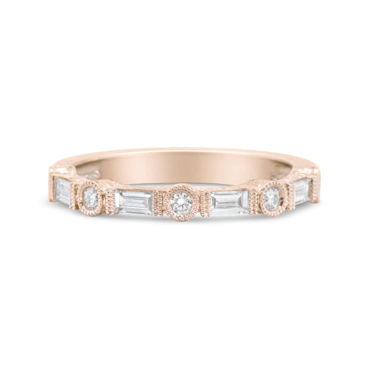 14K Rose Gold Diamond Bridal Ring with round and baguette diamonds, elegant design.