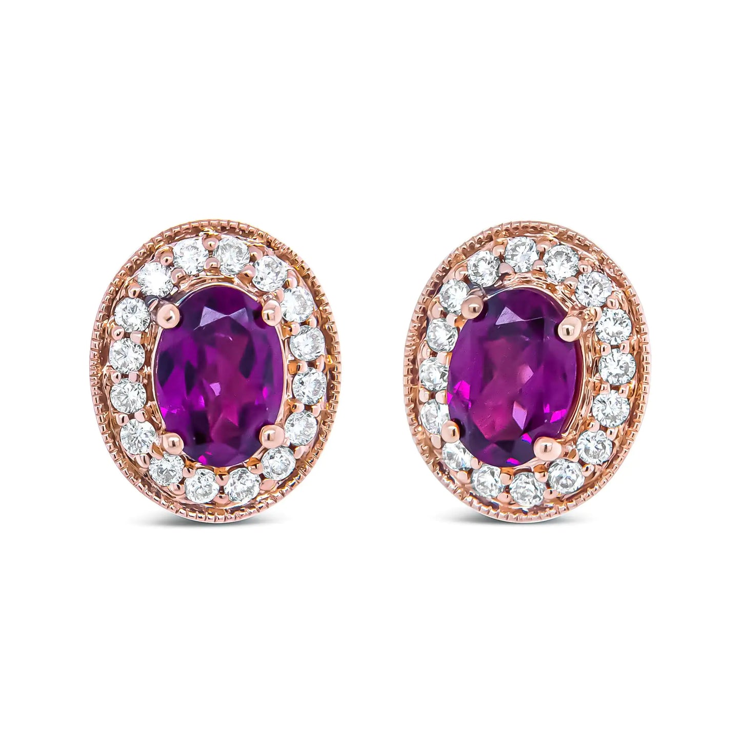 14K Rose Gold Garnet and Diamond Halo Stud Earrings with Oval Gemstone.