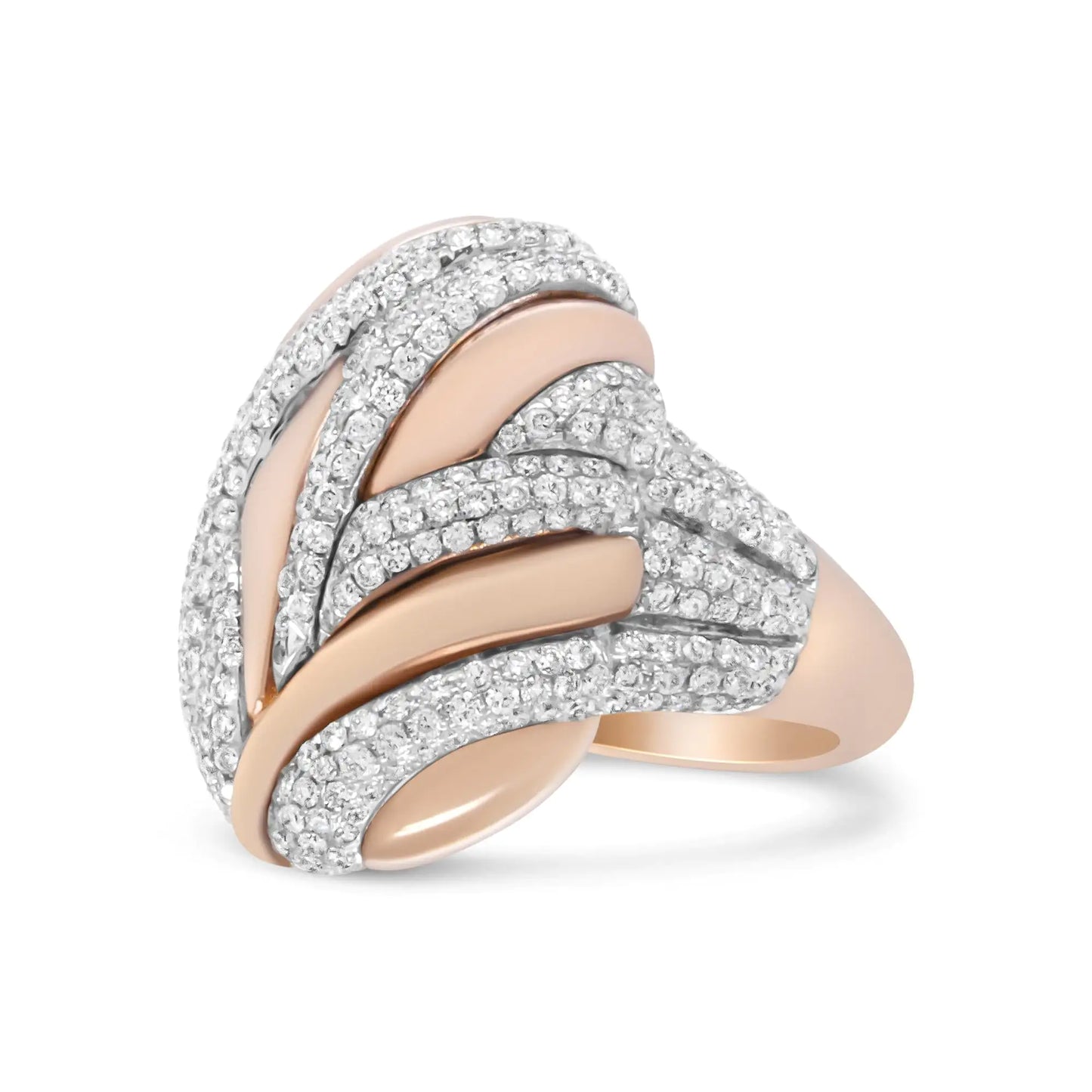 18K Rose and White Gold 1 7/8 Cttw Diamond and Gold Textured Dome CockDiscover the epitome of modern luxury with this stunning oval bypass ring. Crafted in rich 18k rose gold, the elegant design is intertwined with shimmering streaks o18K Rose18K Rose