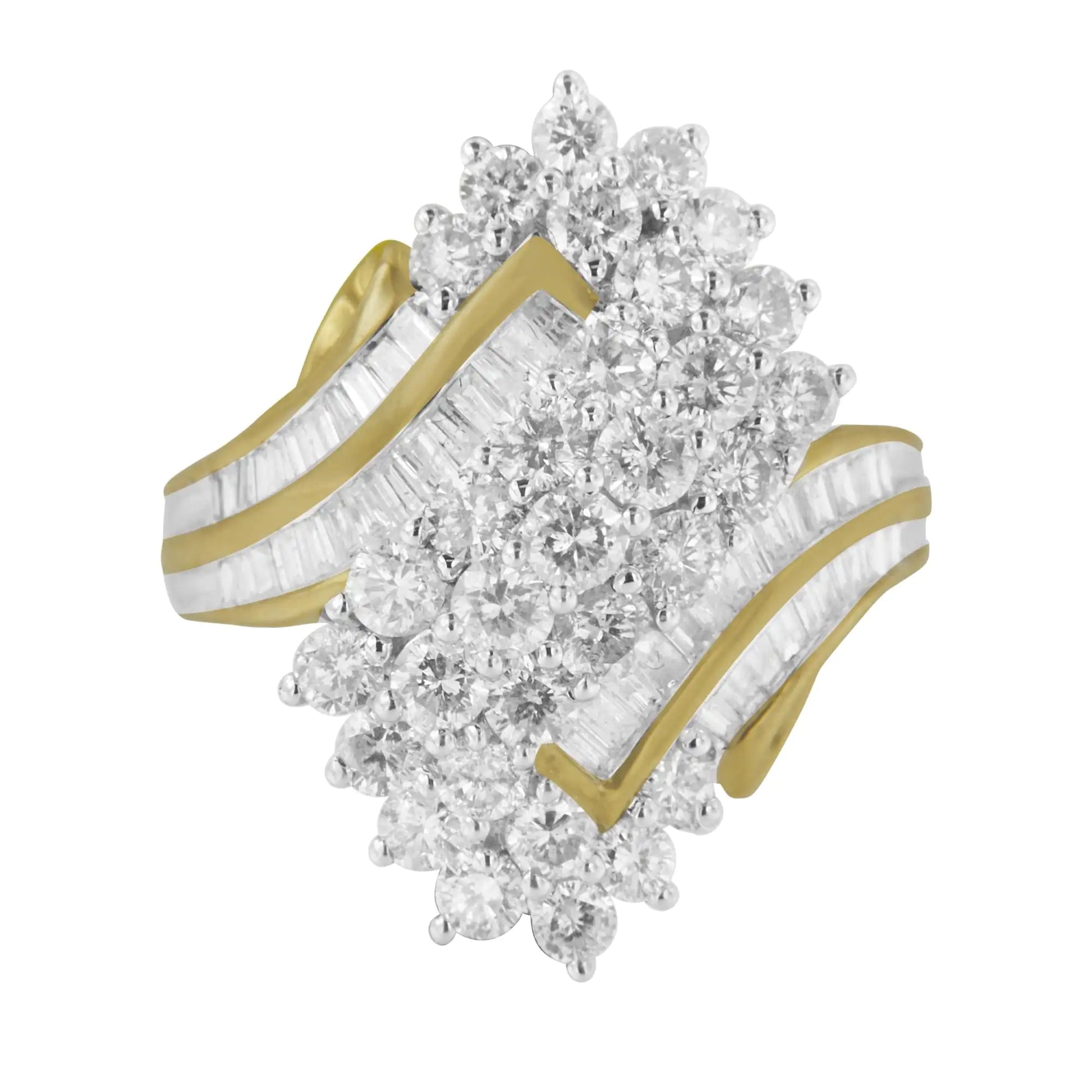 10kt yellow gold diamond cluster ring with 81 diamonds, 2 5/8 cttw, retro style, H-I color, SI2-I1 clarity.