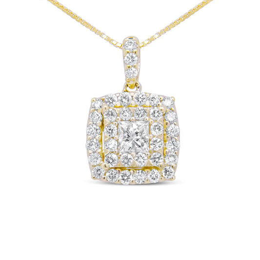 14K yellow gold diamond double halo pendant necklace with round and princess-cut stones.