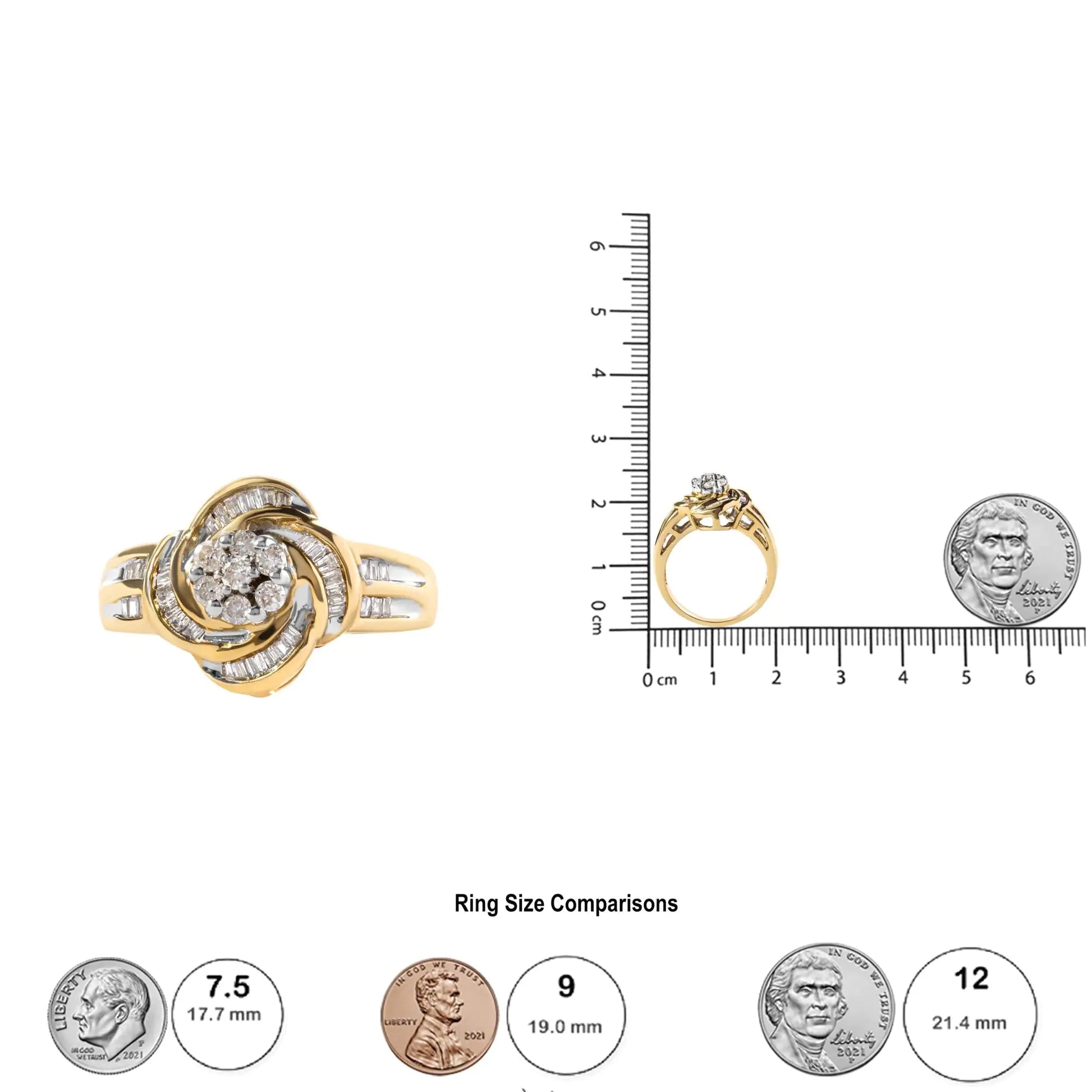 10K Yellow Gold 1/2 Cttw Round and Baguette Diamond Flower Swirl CocktIndulge in the timeless beauty of this 10K yellow gold flower swirl cocktail ring, adorned with 43 natural diamonds totaling 1/2 cttw. The intricate design features 10K Yellow Gold 12 Cttw Round10K Yellow Gold 12 Cttw Round