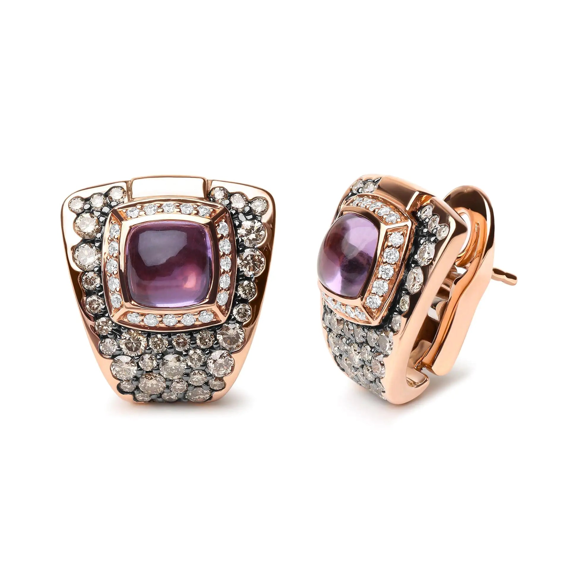 18K Rose Gold 1 1/2 Cttw Round Diamond and 7mm Cushion Cut Purple AmetGift you inner diva with the luxury she craves with these glamorous 18k rose gold stud earrings. These geometrical statement earrings show off the utter brilliance o18K Rose Gold 1 12 Cttw Round Diamond18K Rose Gold 1 12 Cttw Round Diamond