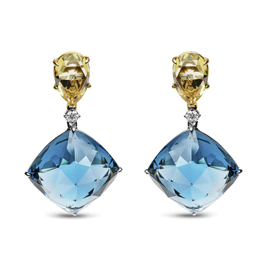 18K white yellow gold diamond blue topaz gemstone dangle earrings with lemon quartz.