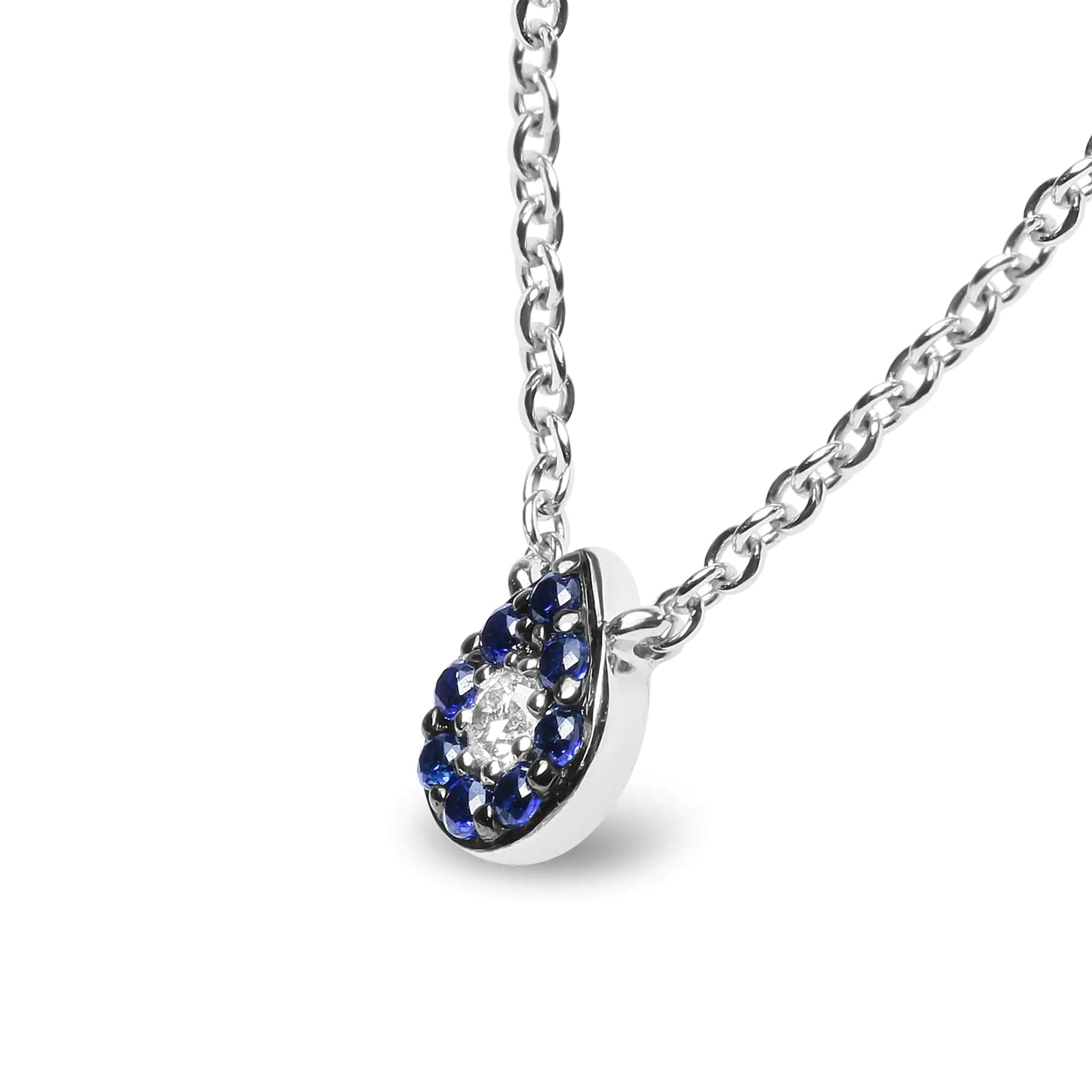 Exquisite 18K White Gold Pendant Necklace with Diamond and Blue Sapphire Halo