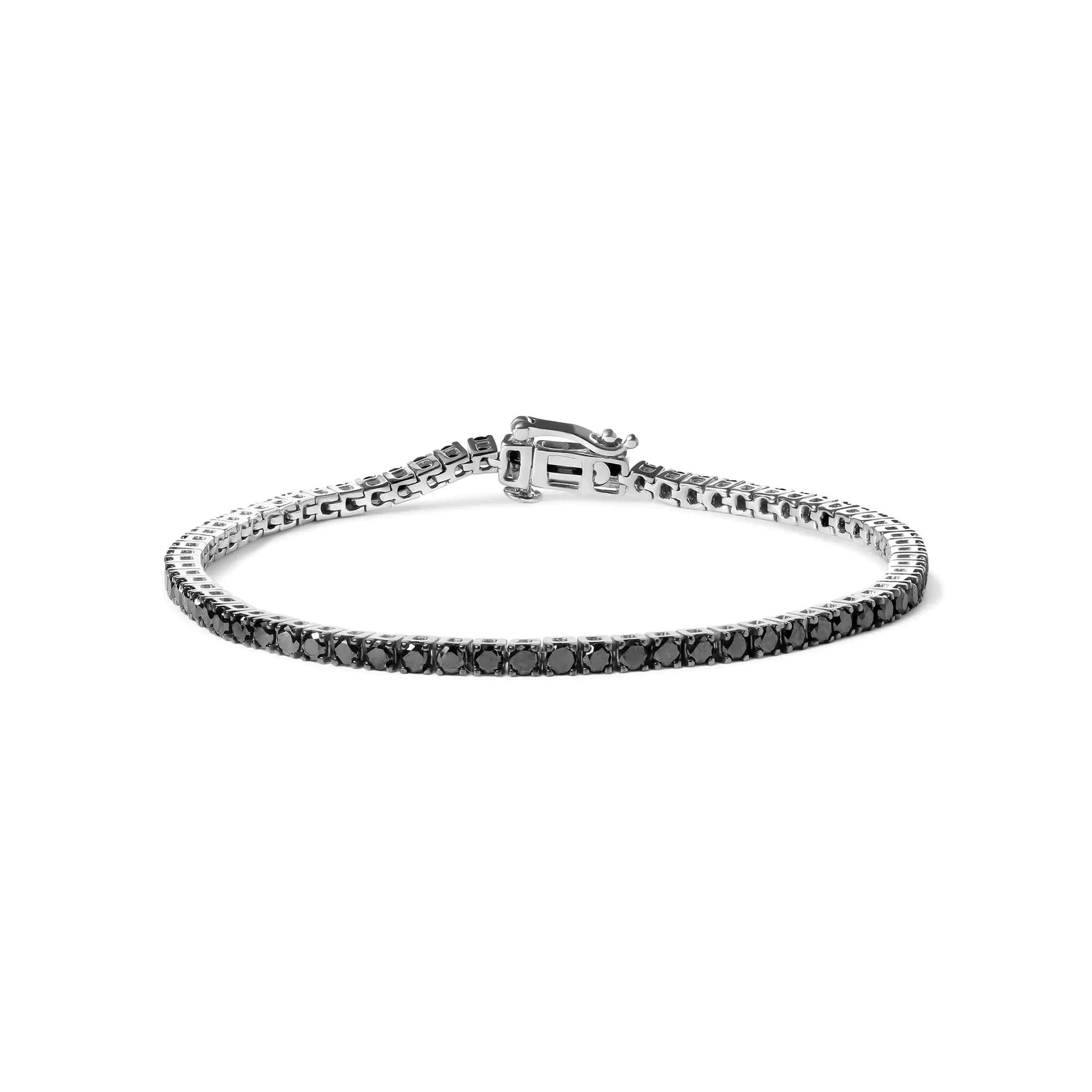 Sterling silver tennis bracelet with treated black round-cut diamonds.