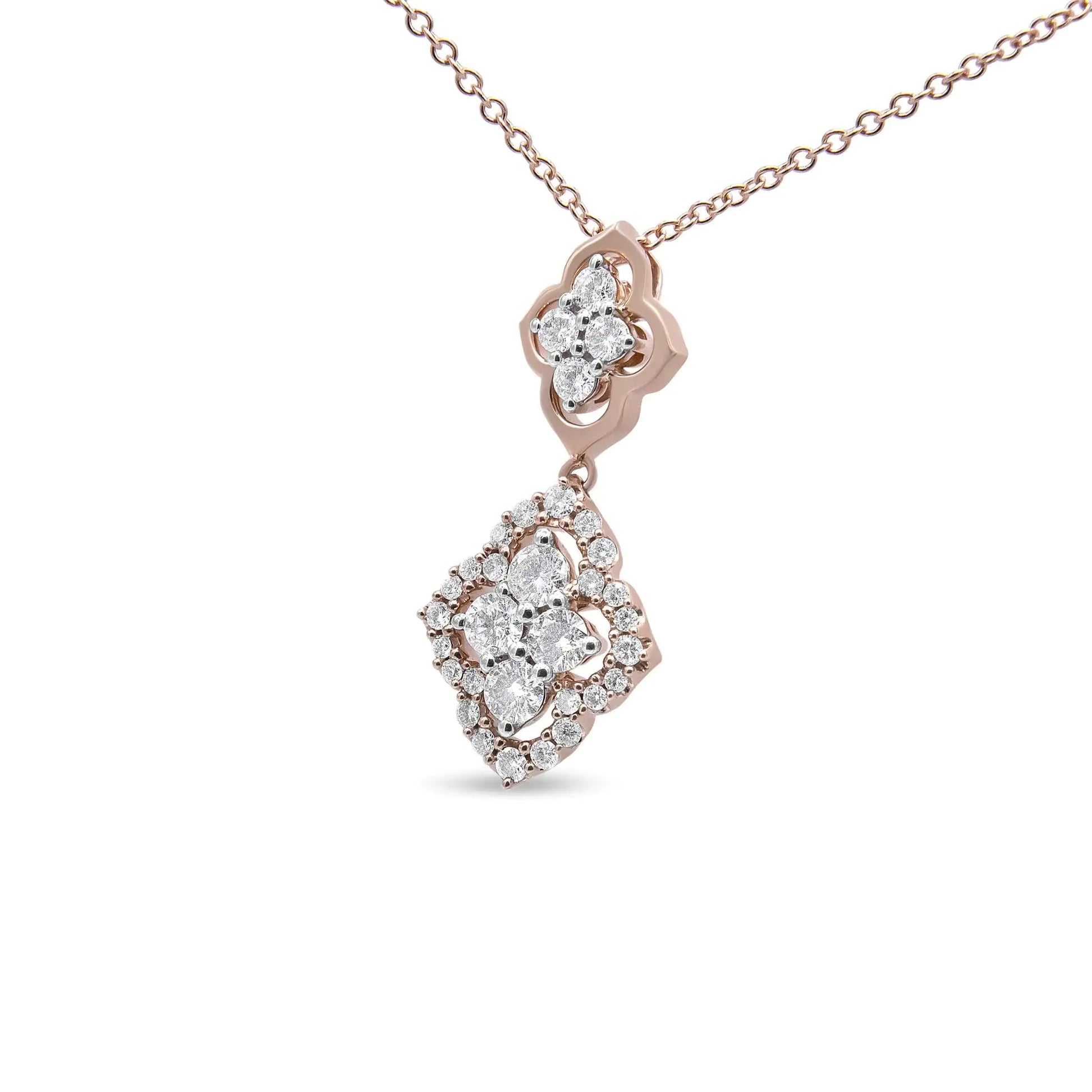 14K Rose Gold 3/4 Cttw Round Diamond Double Quatrefoil Pendant 18" NecAccent your outfits with this exquisite diamond pendant necklace. This geometrically-inspired pendant features two unique quatrefoil designs. The top quatrefoil feat14K Rose Gold 34 Cttw Round Diamond Double Quatrefoil Pendant 18" Necklace 14K Rose Gold 34 Cttw Round Diamond Double Quatrefoil Pendant 18" Necklace 