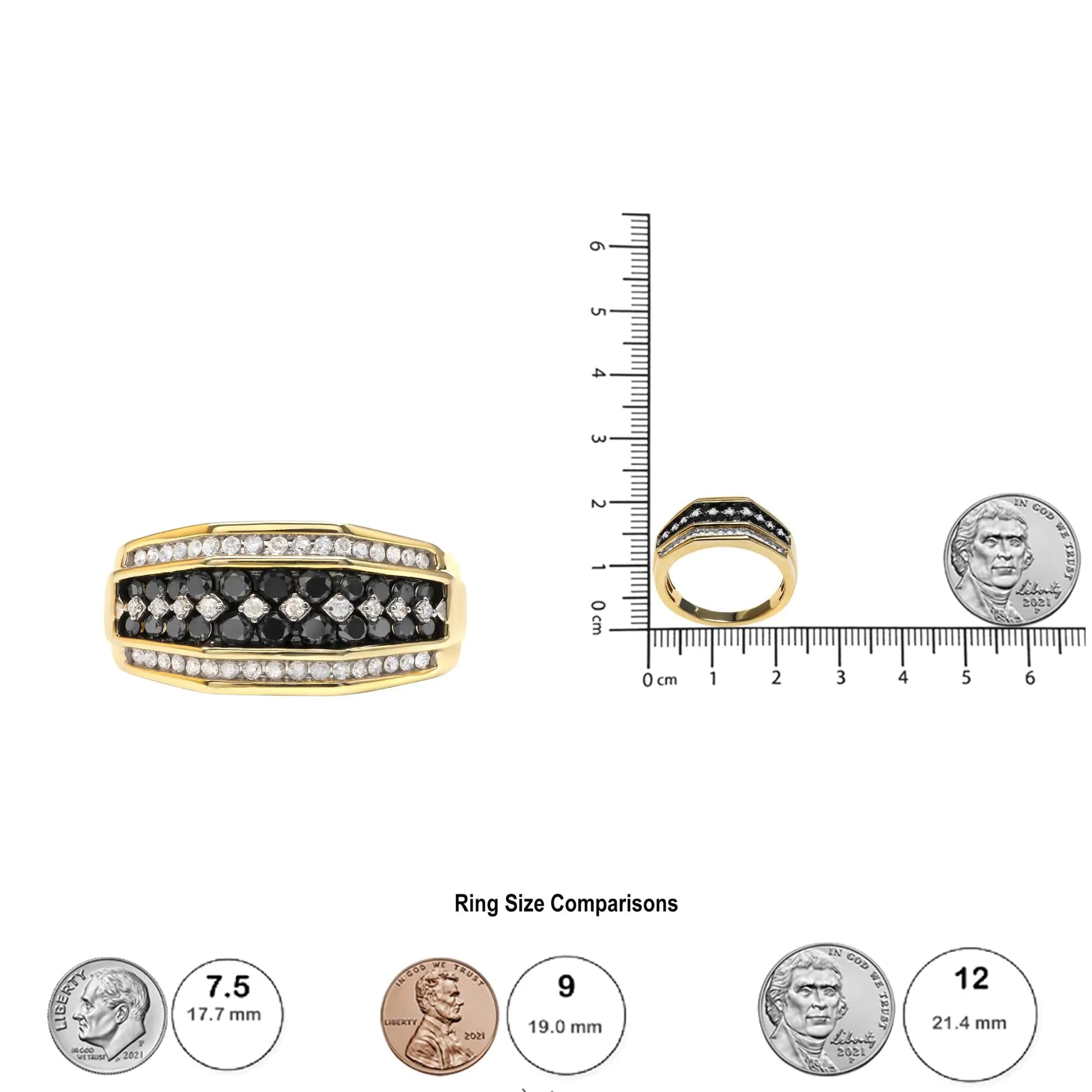 Men's 10K Yellow Gold 1 1/2 Cttw White and Black Treated Diamond ClustIndulge in luxury with our stunning Men's Black and White Diamond Band Ring. This remarkable piece is crafted from 10K Yellow Gold , creating an intricate and stylisMen'RingMen'