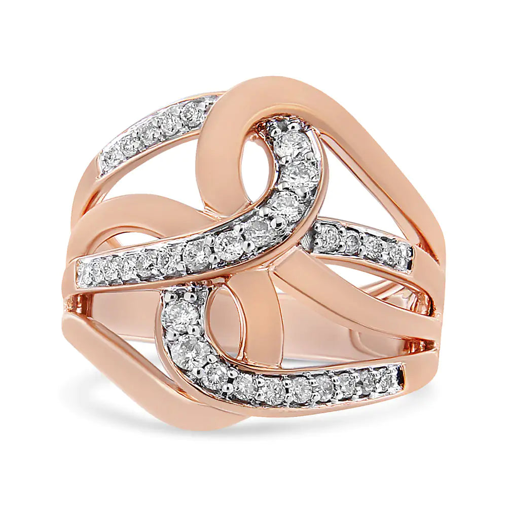 10K rose gold cocktail ring with intertwined multi-loop design and round-cut diamonds.