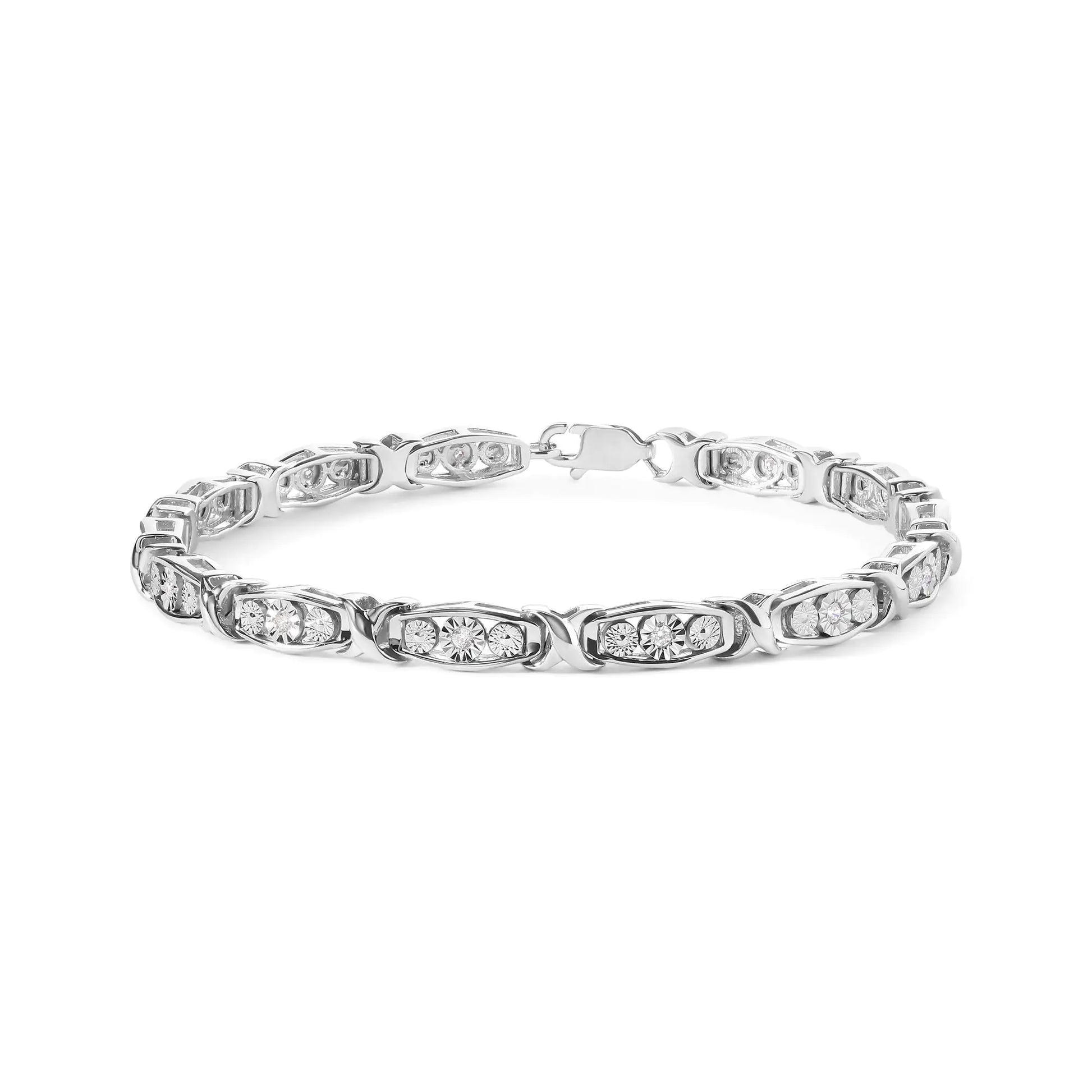 Sterling silver round diamond link bracelet with 15 natural diamonds.