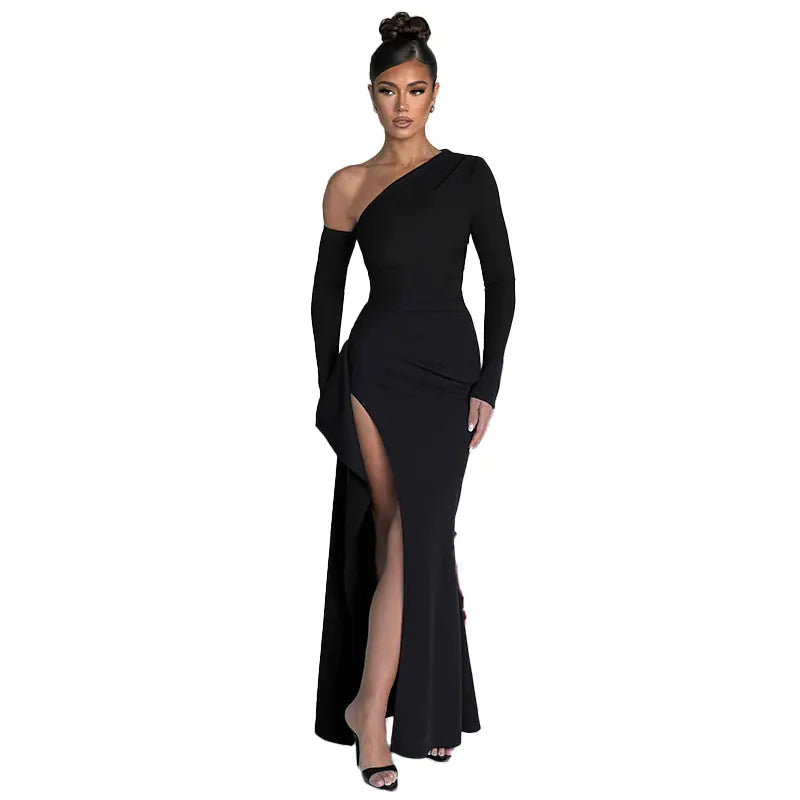 Slant Off-Shoulder High-Slit Evening DressIndulge in luxury and grace with our Slant Off-Shoulder High-Slit Evening Dress. The elegant slant neckline and daring high-slit create a striking silhouette, while SlantSlant