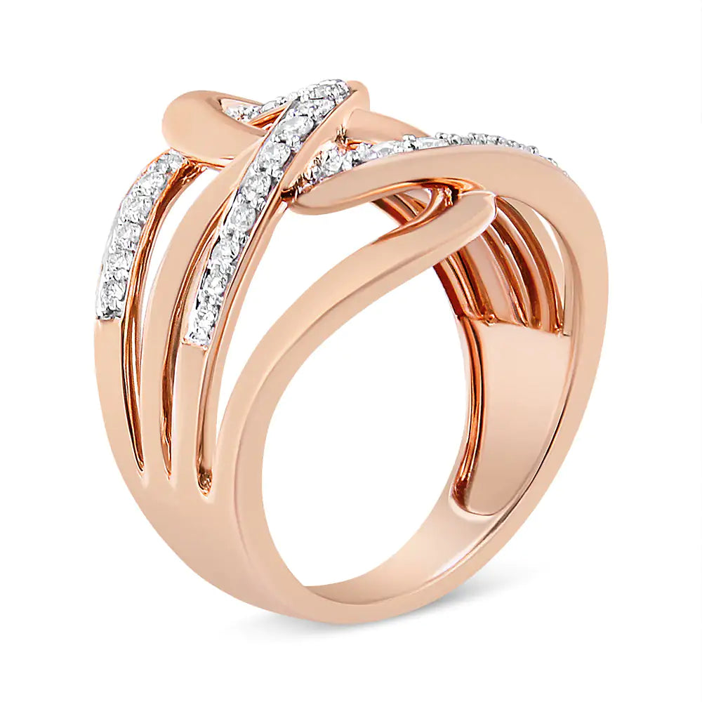 10K Rose Gold 1/2 Cttw Round-Cut Diamond Intertwined Multi-Loop CocktaIntricately crafted, this 10k rose gold cocktail ring has a unique intertwined multi-loop design. Loops of rose gold bypass loops embellished with natural, round-cut10K Rose Gold 1/2 Cttw Round-Cut Diamond Intertwined Multi-Loop Cocktail Ring (Rings10K Rose Gold 1/2 Cttw Round-Cut Diamond Intertwined Multi-Loop Cocktail Ring (