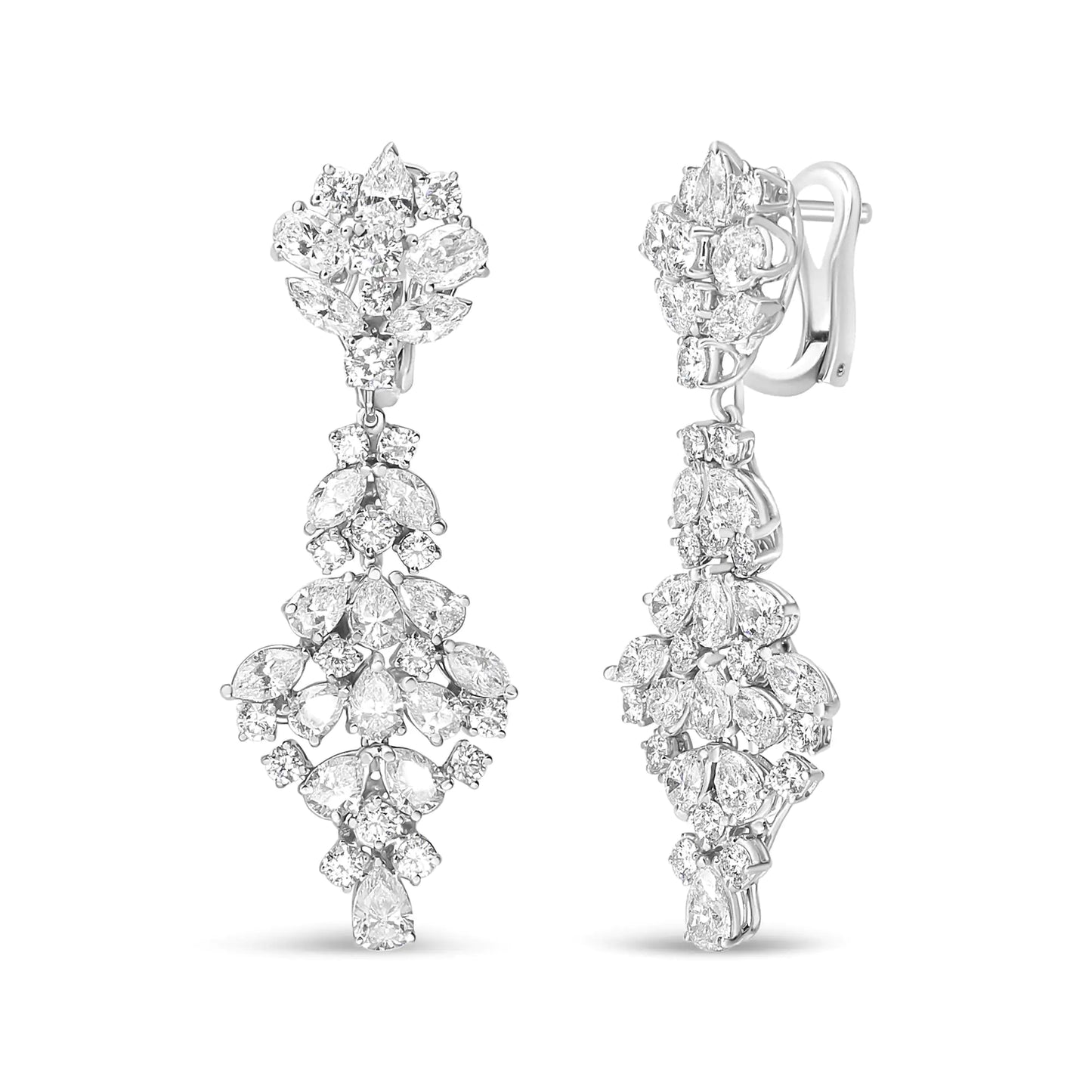 18K white gold diamond cluster drop dangle clip-on earrings with 9 1/2 cttw marquise, oval, pear, and round diamonds.