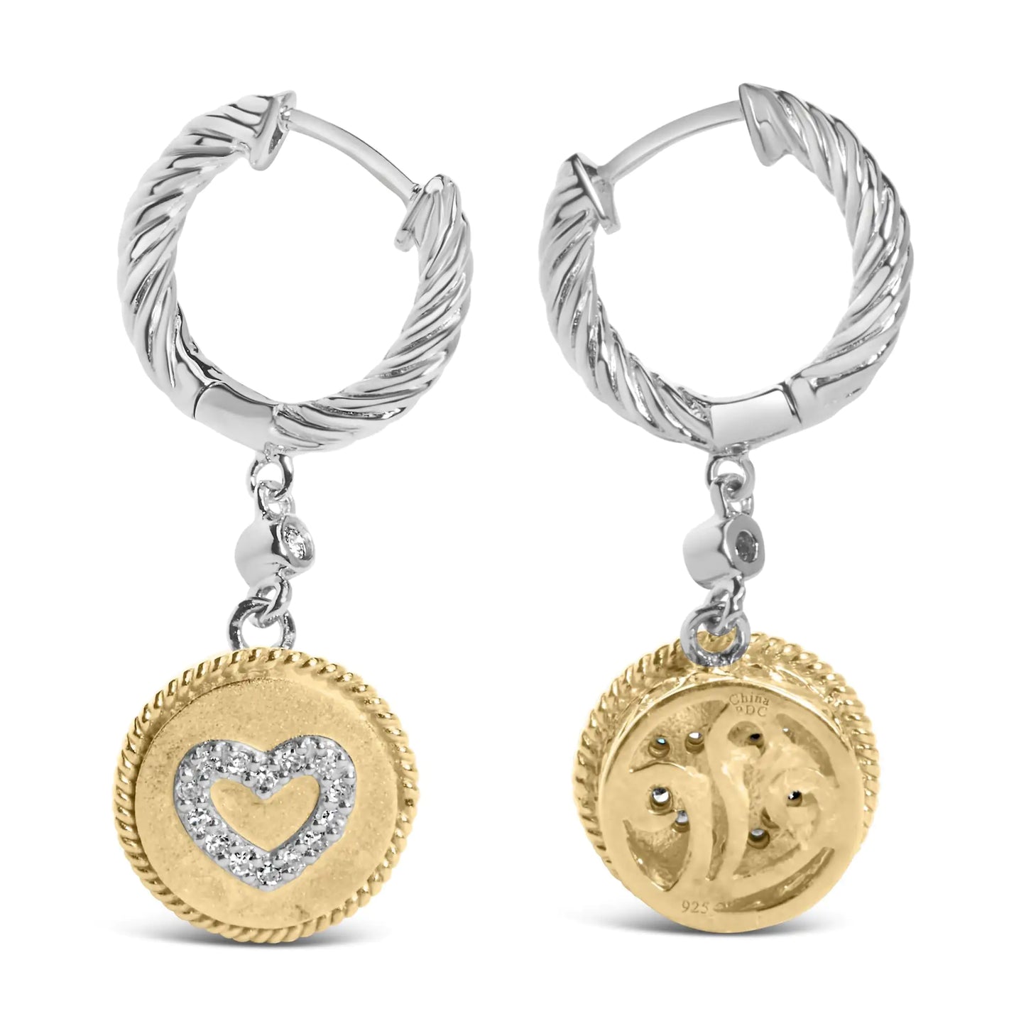 18K Yellow Gold Plated .925 Sterling Silver 1/8 Cttw Diamond Heart MedIndulge in elegance and sophistication with our 18K Yellow Gold Plated .925 Sterling Silver Diamond Heart Medallion Drop and Dangle Earrings. Each earring features a18K Yellow Gold Plated18K Yellow Gold Plated