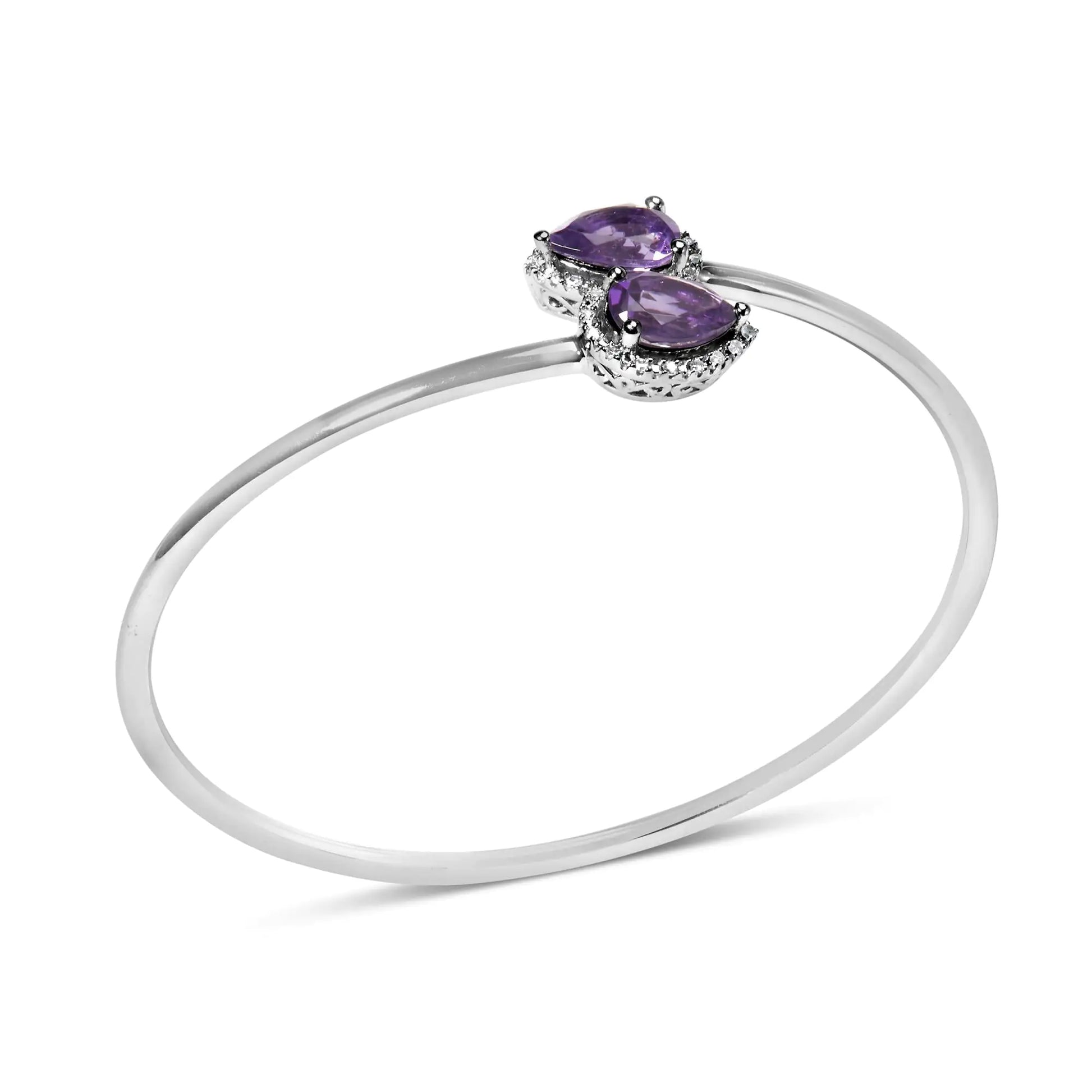 Sterling Silver Pear Shape Amethyst & Diamond Accent Halo Bangle Bracelet