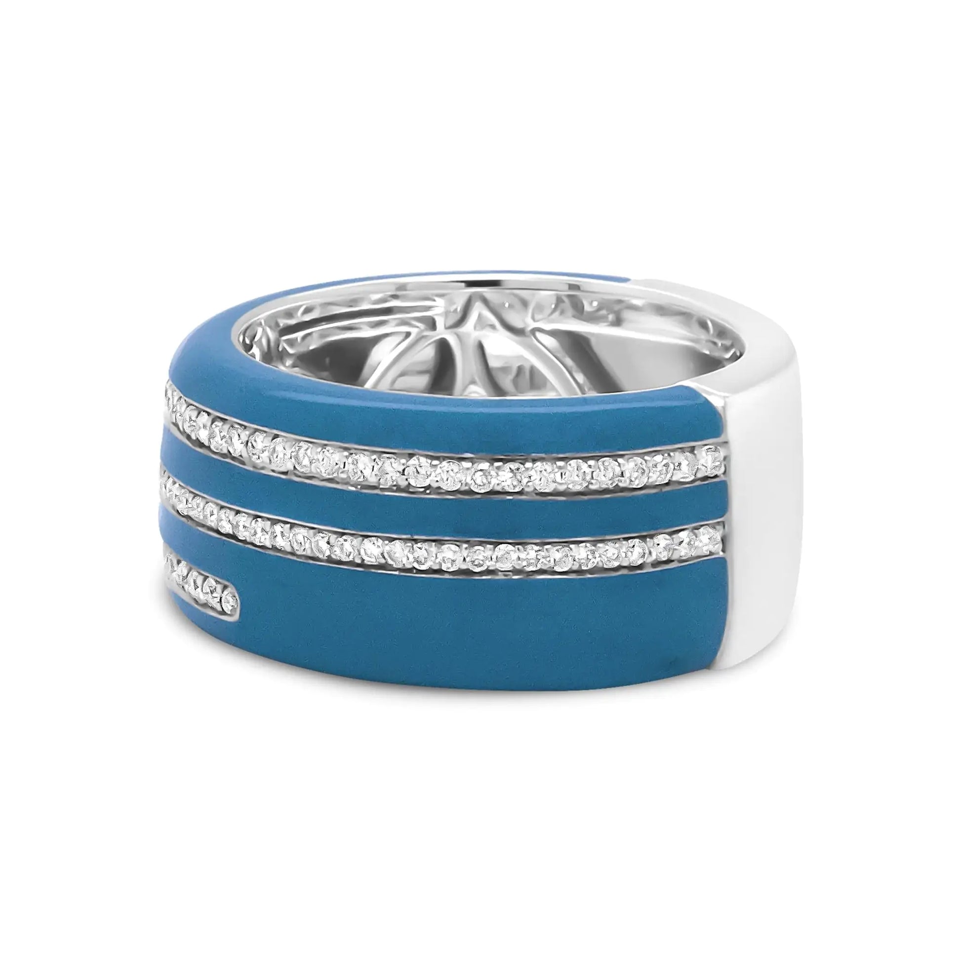 Sterling Silver Turquoise Enamel Round Diamond Wide Band Statement Ring