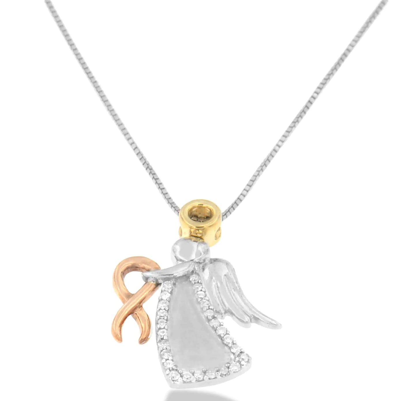 10K tri-color gold angel pendant with diamond accents and awareness ribbon.