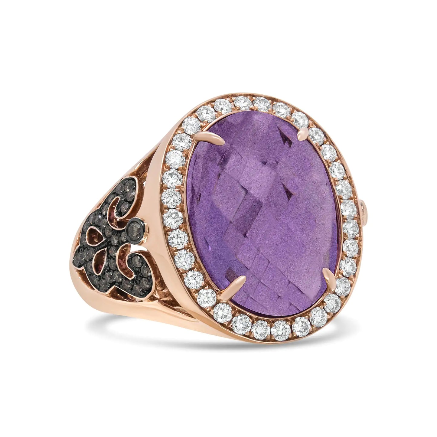 18K Rose Gold 18x13 MM Oval Cut Purplse Amethyst and 1.00 Cttw DiamondA beautiful oval shaped purple amethyst captivates the soul of this once-in-a-lifetime ring. Sitting as the central motif, the gemstone is 18x13mm in size and rests 18K Rose Gold 18x13 MM Oval Cut Purplse Amethyst18K Rose Gold 18x13 MM Oval Cut Purplse Amethyst