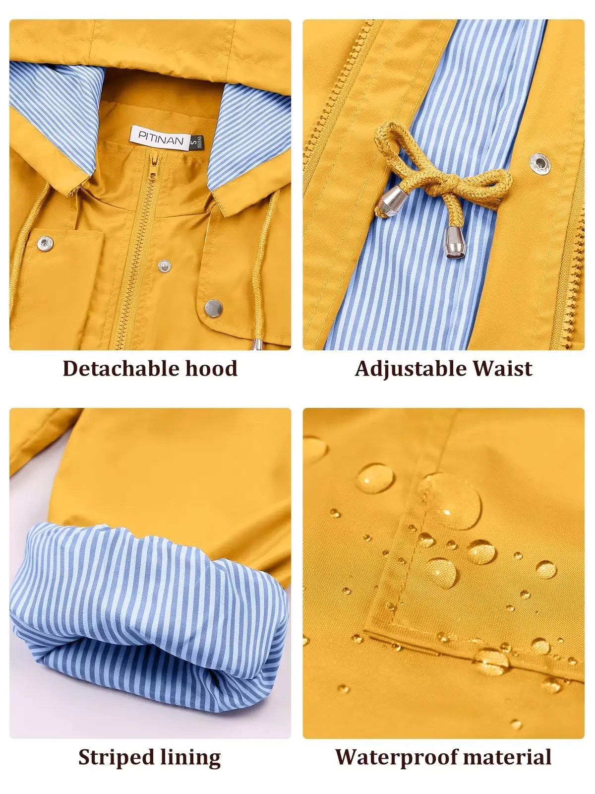 PITINAN Rain Jackets For Women Waterproof Rain Coats with Hood Lightweight Windbreaker Outdoor Trench Coat Medium Yellow