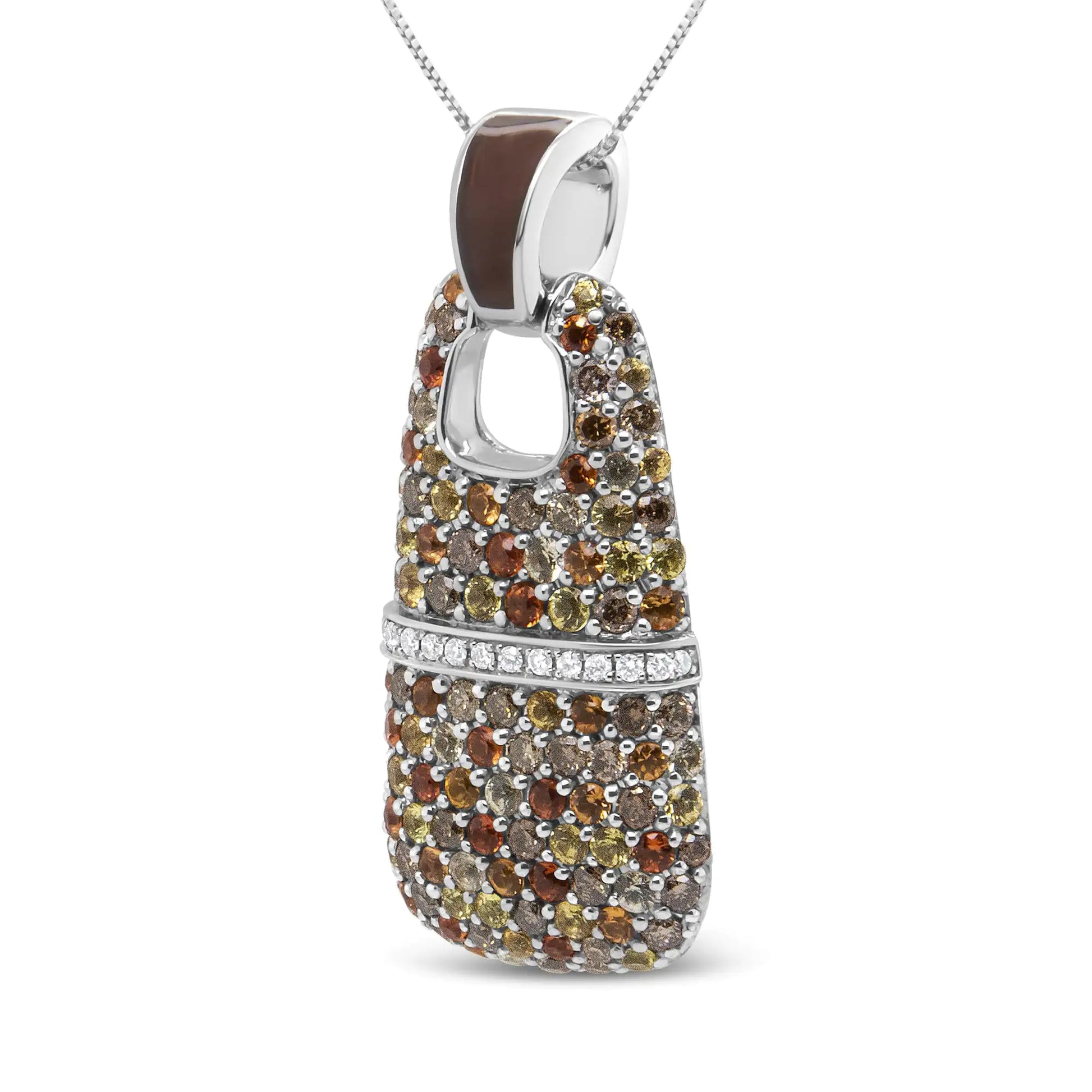 Sterling Silver Brown Enamel Diamond & Sapphire Pendant Necklace, 18Richly colored in a clear milk chocolate enamel, this pendant necklace highlights the splendor of round diamonds and natural gemstones in shared prong settings amidsSterling Silver Brown Enamel Diamond & Sapphire Pendant Necklace, 18NecklaceSterling Silver Brown Enamel Diamond & Sapphire Pendant Necklace, 18