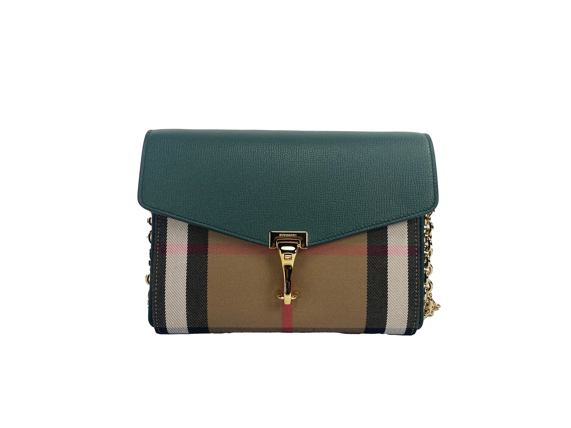 Burberry Small Macken Crossbody BagStyle: Burberry Small Macken Vintage Green Bag  
Material: Canvas / Leather 
Features: Check Print, Gold hardware, Vintage Green, Interior Zip Pocket 
Measures:  7" Burberry Small Macken Crossbody BagBurberry Small Macken Crossbody Bag