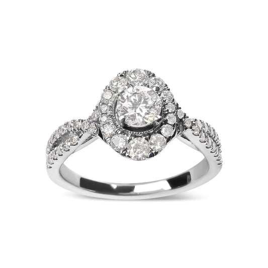 GIA Certified 14K white gold round diamond halo bridal engagement ring with 53 natural diamonds.