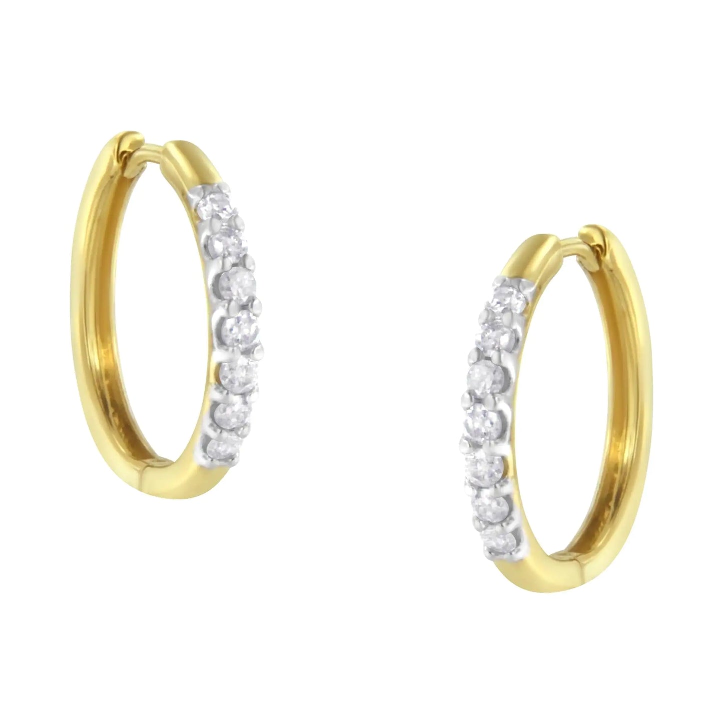 10KT Yellow Gold Diamond Hoop Earring (1/2 cttw, I-J Color, I2-I3 ClarElevate your style with these classic diamond hoop earrings, crafted in 10K yellow gold. Featuring sparkling round diamonds with a total weight of 1/2 carat, these t10KT Yellow Gold Diamond Hoop Earring 12 cttw10KT Yellow Gold Diamond Hoop Earring 12 cttw