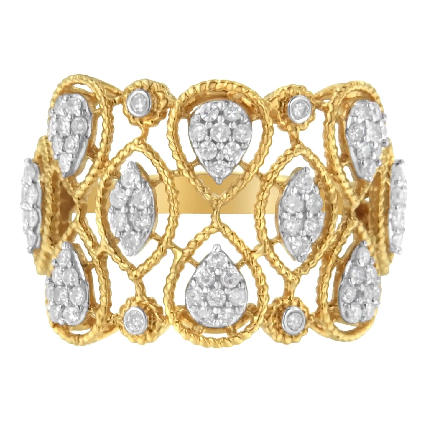 14K Yellow Gold Diamond Art Deco Ring (1/2 Cttw, H-I Color, I1 ClarityThis 14kt yellow gold band brings a mix of a art deco looks with floral elegance to your hand. Pear-inspired clusters and bezel accents are interwoven within a latti14K Yellow Gold Diamond Art Deco Ring 12 Cttw14K Yellow Gold Diamond Art Deco Ring 12 Cttw