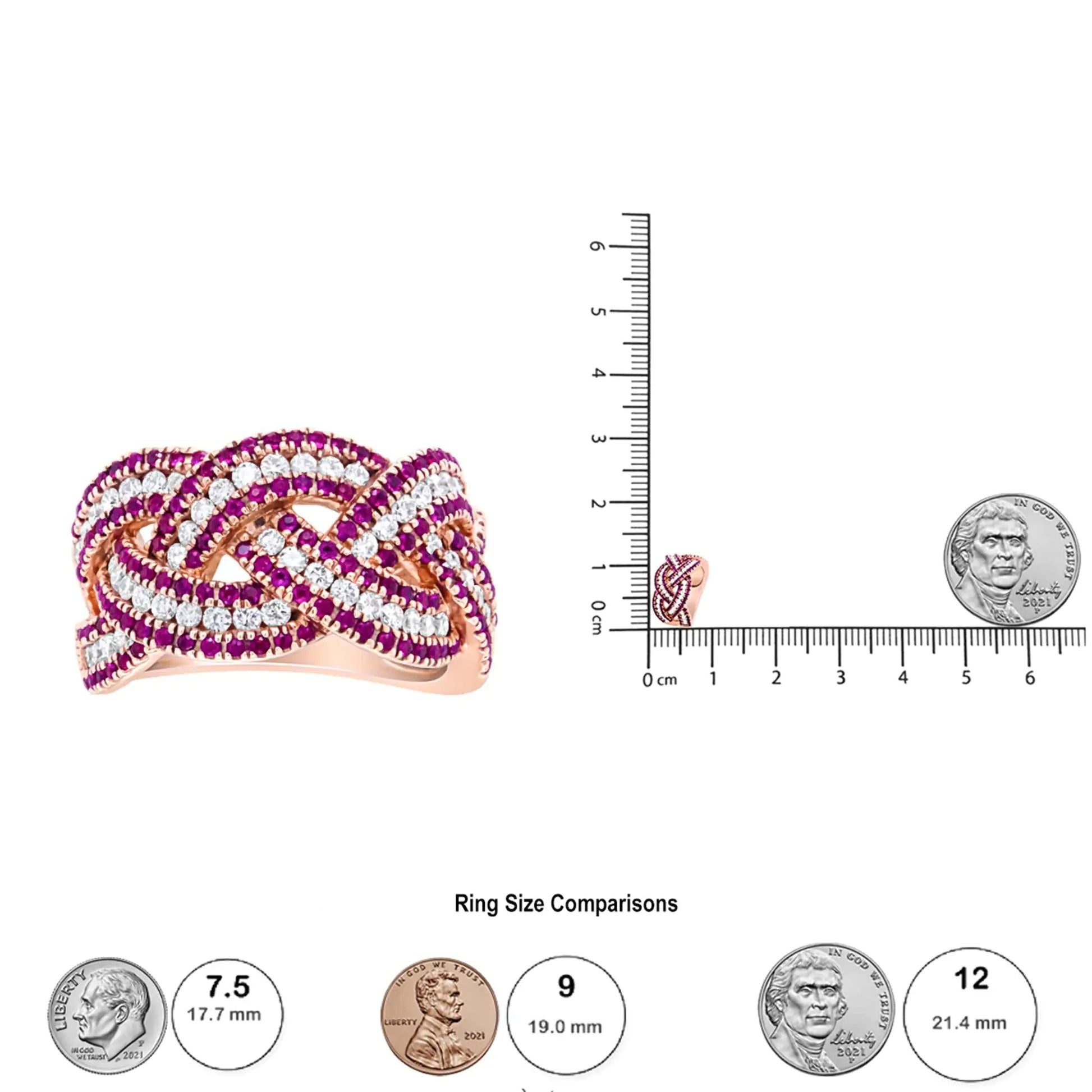 18K Rose Gold Red Ruby and 7/8 Cttw Diamond Woven Braided Band Ring (FRubies and diamonds dance delicately across this 18k rose gold band. Crafted with an intricate, bypass design, this ring is set with a total carat weight of 7/8 c.t.18K Rose Gold Red Ruby18K Rose Gold Red Ruby