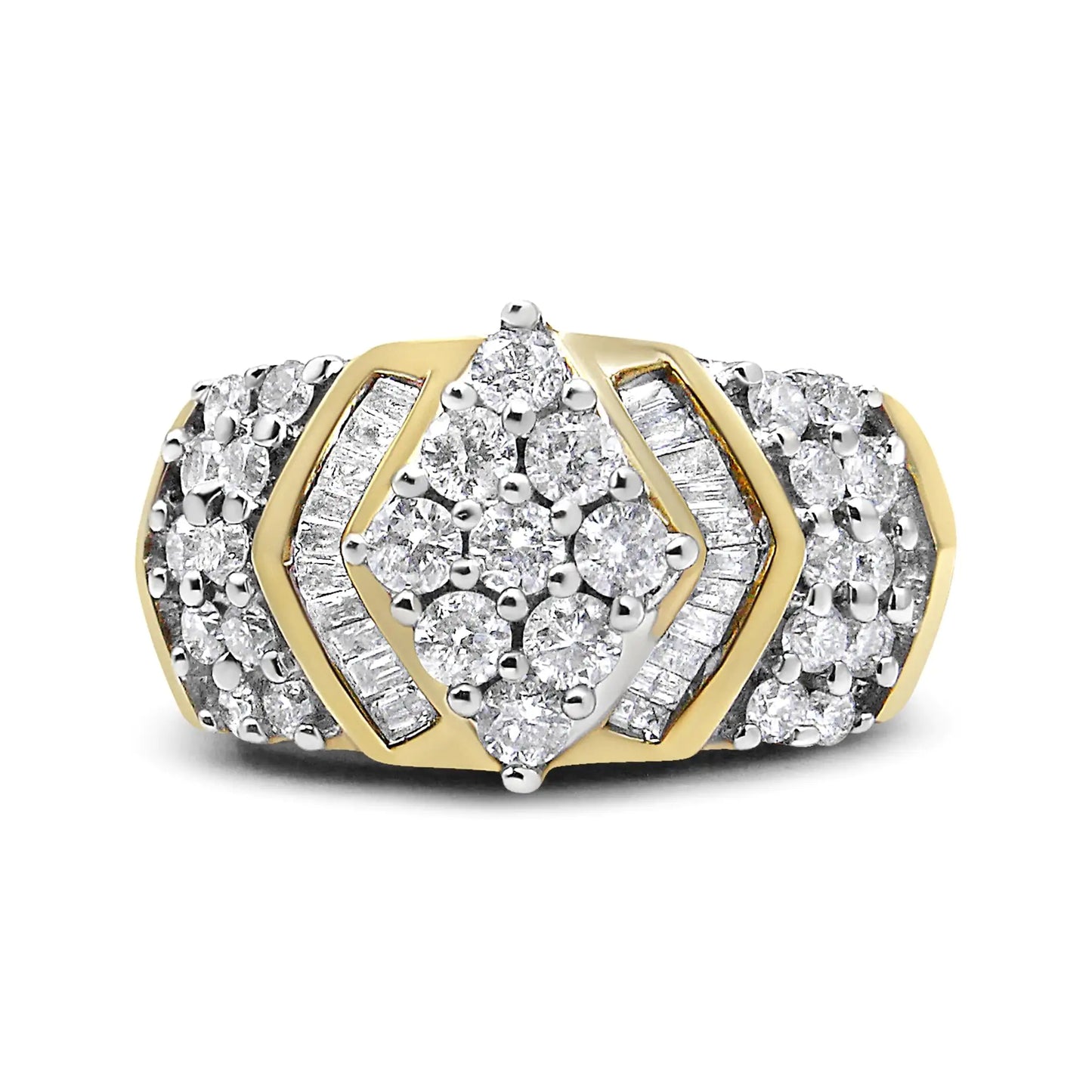 10K yellow and white gold diamond cluster ring with round and baguette-cut diamonds.