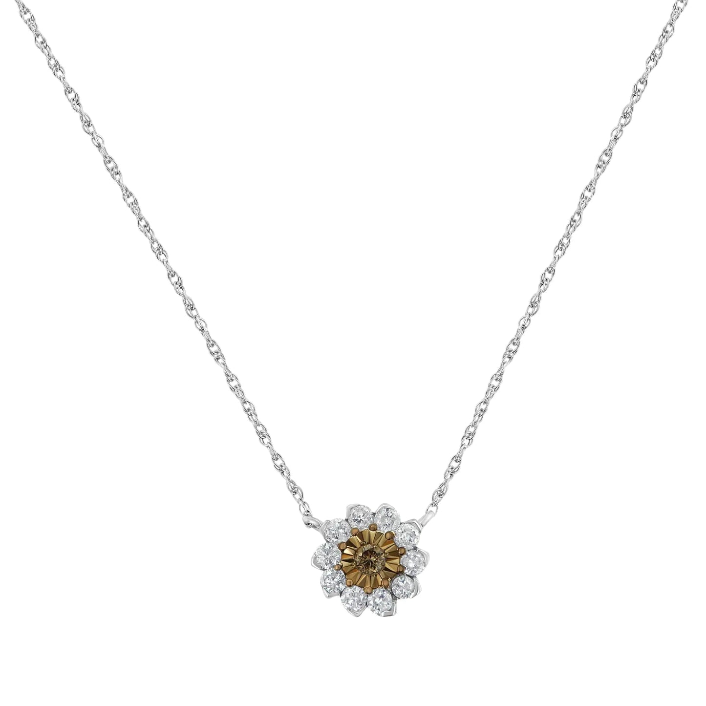 Brown Rhodium over .925 Sterling Silver 1/2 Cttw Diamond Miracle PlateThis stunning floral pendant necklace features ½ carat total weight with 11 individual stones. The center of the pendant features a round, brilliant cut diamond in aBrown RhodiumBrown Rhodium