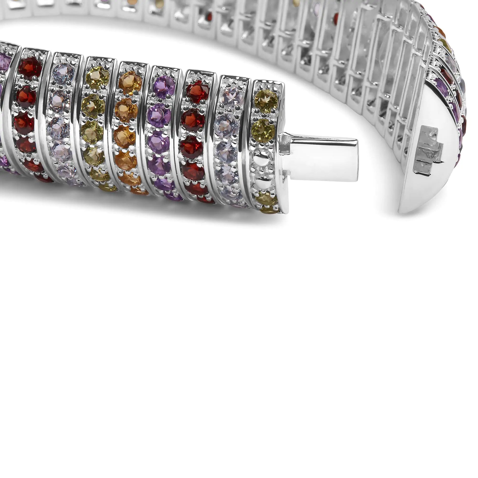 Sterling Silver Multi Row Rainbow Gemstone Bangle Bracelet