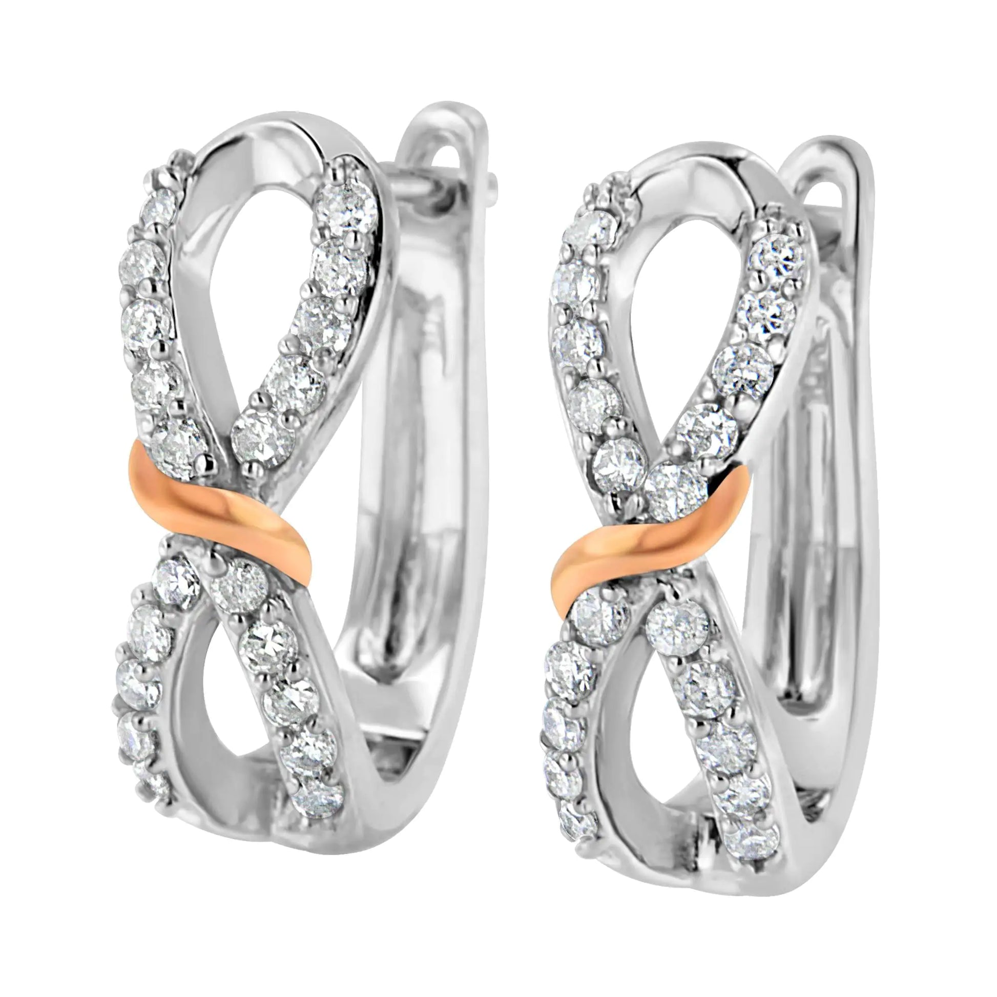 10K White and Rose Gold 1/3 Cttw Diamond Infinite and Ribbon Hoop EarrIntroducing a timeless masterpiece that effortlessly captures the essence of elegance and grace. These exquisite 10K White and Rose Gold Hoop Earrings are adorned wi10K WhiteEarrings10K White