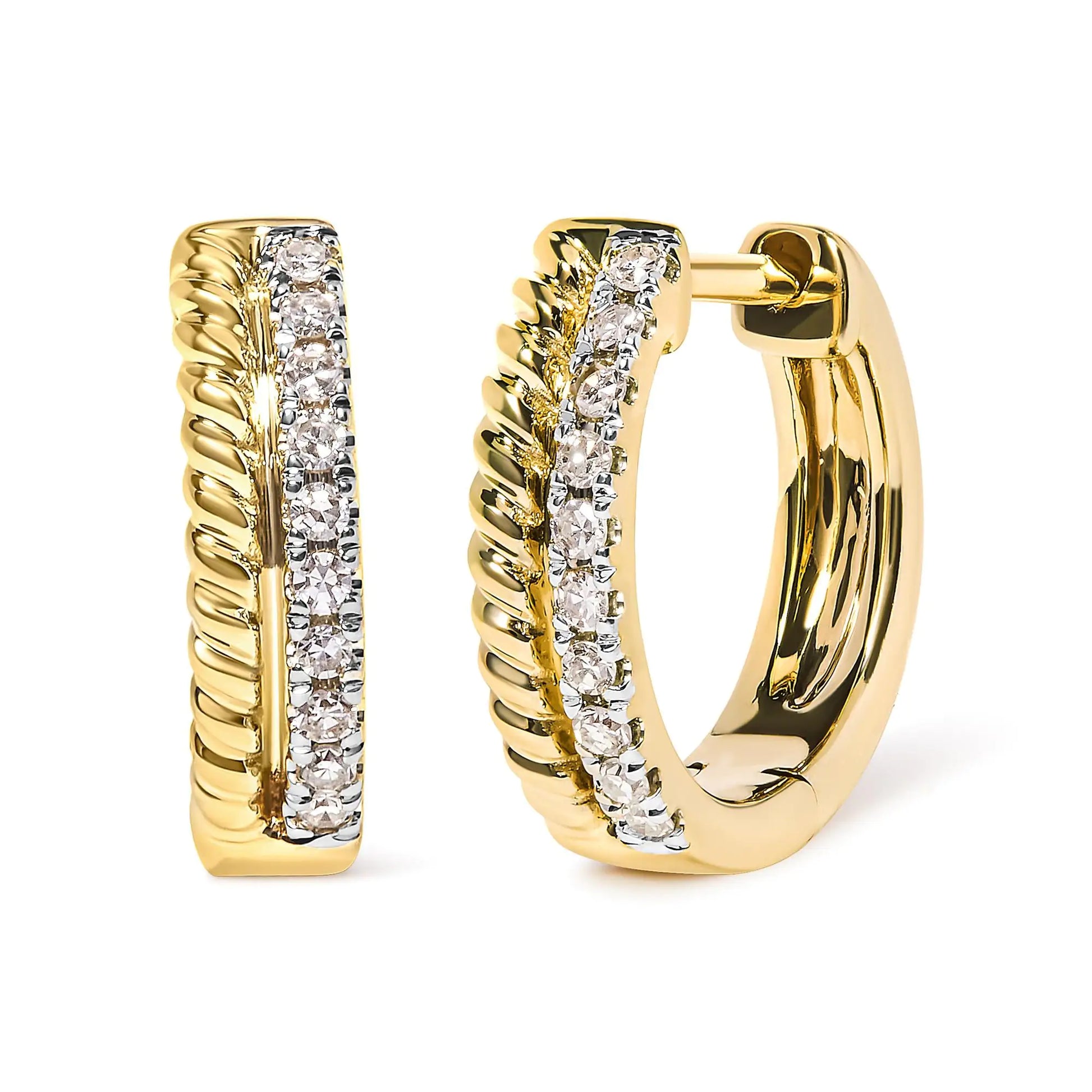 10K Yellow Gold 1/10 Cttw Diamond and Rope Twist Huggy Hoop Earrings (Introducing a dazzling masterpiece that will elevate your style to new heights. Crafted with utmost precision, these 10K Yellow Gold Huggy Hoop Earrings are adorned 10K Yellow Gold 110 Cttw Diamond10K Yellow Gold 110 Cttw Diamond