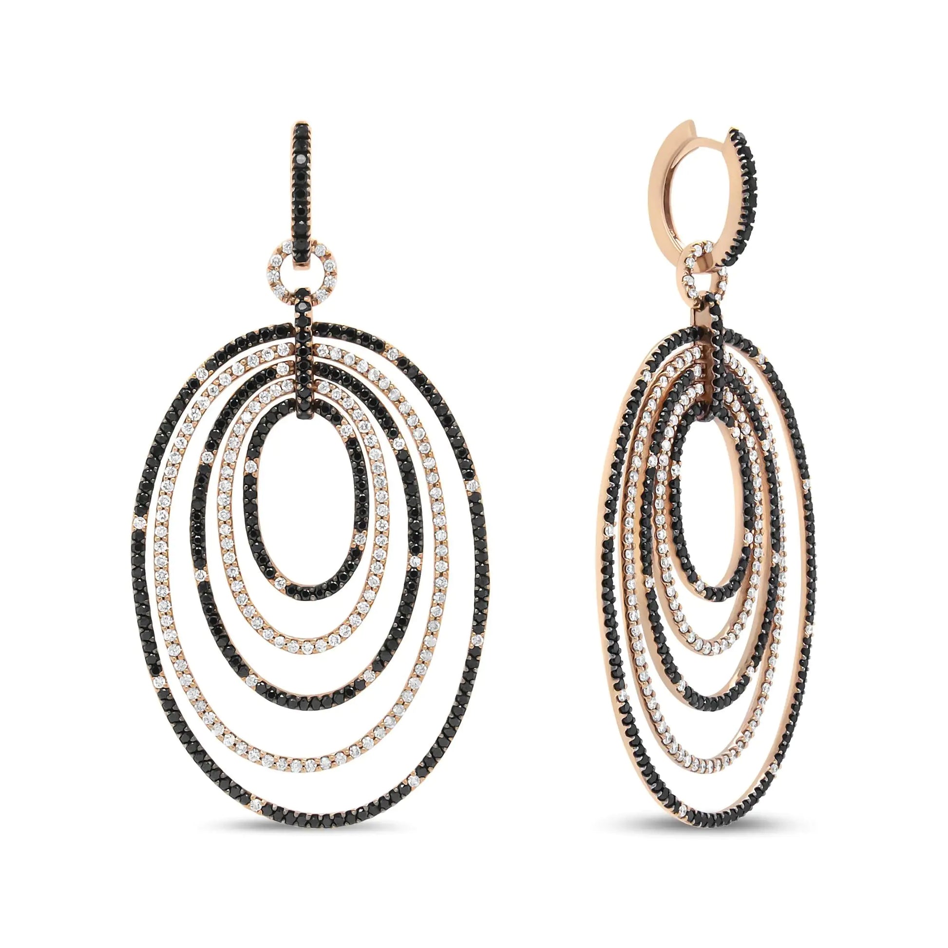 18K rose gold earrings with 5.00 cttw round black and white diamonds in a graduated hoop dangle design.