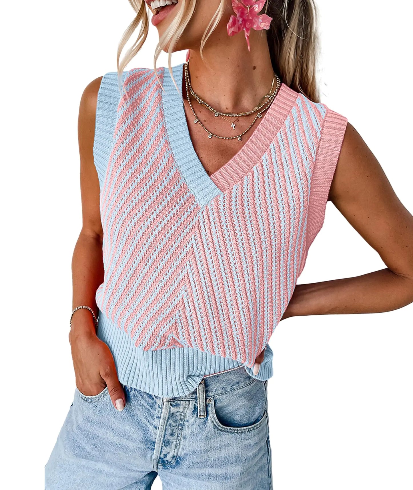 MARZXIN Womens Sleeveless Sweater V Neck Casual Strawberry Pink ContraAdd a playful touch to your wardrobe with the MARZXIN Women's Sleeveless V-Neck Sweater Vest. Featuring a vibrant strawberry pink and blue chevron knit design, this Neck Casual Strawberry Pink Contrast Chevron KnitSweatersNeck Casual Strawberry Pink Contrast Chevron Knit