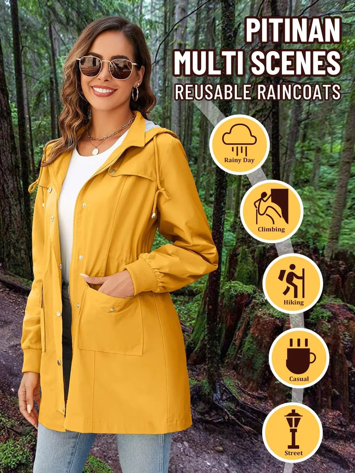 PITINAN Rain Jackets For Women Waterproof Rain Coats with Hood Lightweight Windbreaker Outdoor Trench Coat Medium Yellow