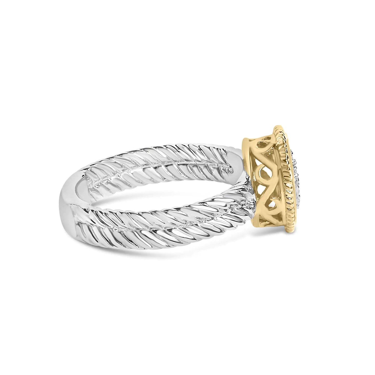 18K Yellow Gold Plated .925 Sterling Silver Diamond Heart Ring with SaEmbark on a journey of elegance with this exquisite ring, a testament to love and craftsmanship. It features intertwined sterling silver bands, their rope-like textu925 Sterling Silver Diamond Heart RingRings925 Sterling Silver Diamond Heart Ring