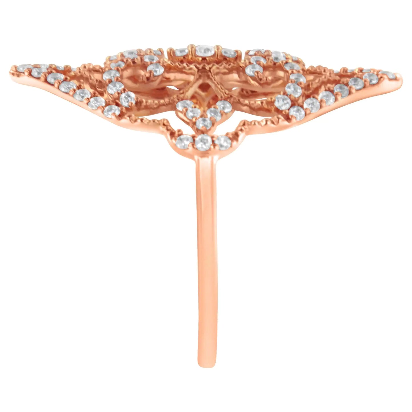 10K Rose Gold Diamond Cocktail Ring (1/2 Cttw, H-I Color, I1-I2 ClaritThis intricately designed cocktail ring features a central cluster of three round diamonds surrounded in an elaborate scrolled motif accented by further diamonds. Cr10K Rose Gold Diamond Cocktail Ring (1/2 Cttw,Rings10K Rose Gold Diamond Cocktail Ring (1/2 Cttw,