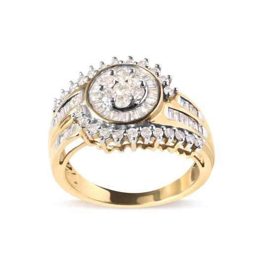 10K yellow gold diamond cluster swirl band ring with round and baguette cut, H-I color, I1-I2 clarity.