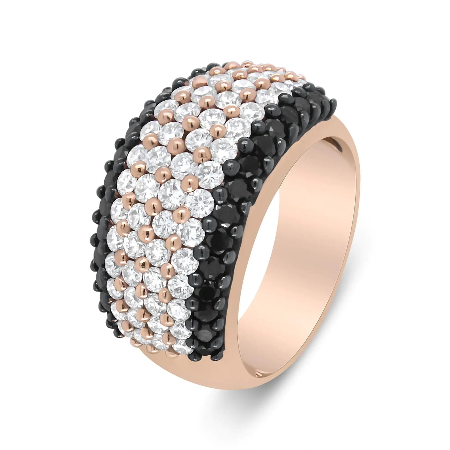 18K Rose Gold 2 1/5 Cttw Black and White Diamond 6 Row Band Ring (F-G Pops of rose gold dance delicately across this black and white colored piece. The 18k rose gold band has 4 central rows of natural white diamonds flanked by a row of18K Rose Gold 2 15 Cttw Black18K Rose Gold 2 15 Cttw Black