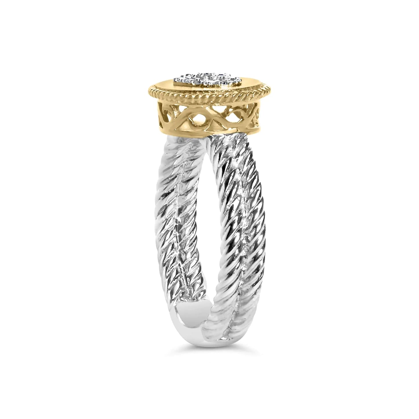 18K Yellow Gold Plated .925 Sterling Silver Diamond Heart Ring with SaEmbark on a journey of elegance with this exquisite ring, a testament to love and craftsmanship. It features intertwined sterling silver bands, their rope-like textu925 Sterling Silver Diamond Heart RingRings925 Sterling Silver Diamond Heart Ring